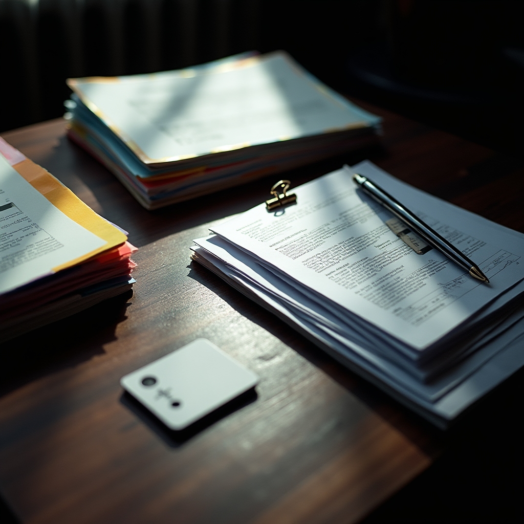Organized documents and folders on a desk for microcredit file preparation