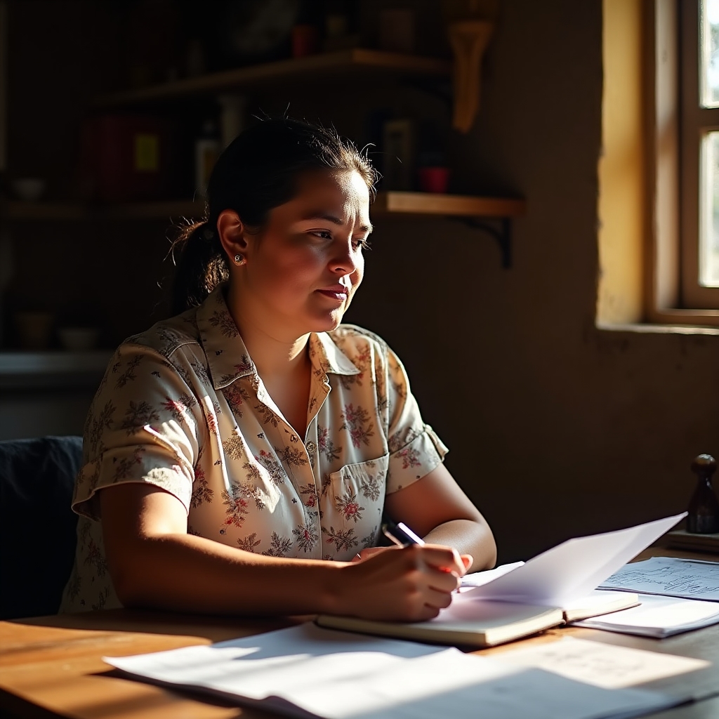 Rural entrepreneur in Paraguay reviewing business plan documents at a table